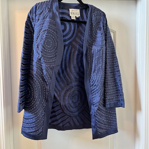 Gazzelle Ciampi Magali Evenings Silk Blue Beaded Circular Pattern Women's Medium - Picture 2 of 9